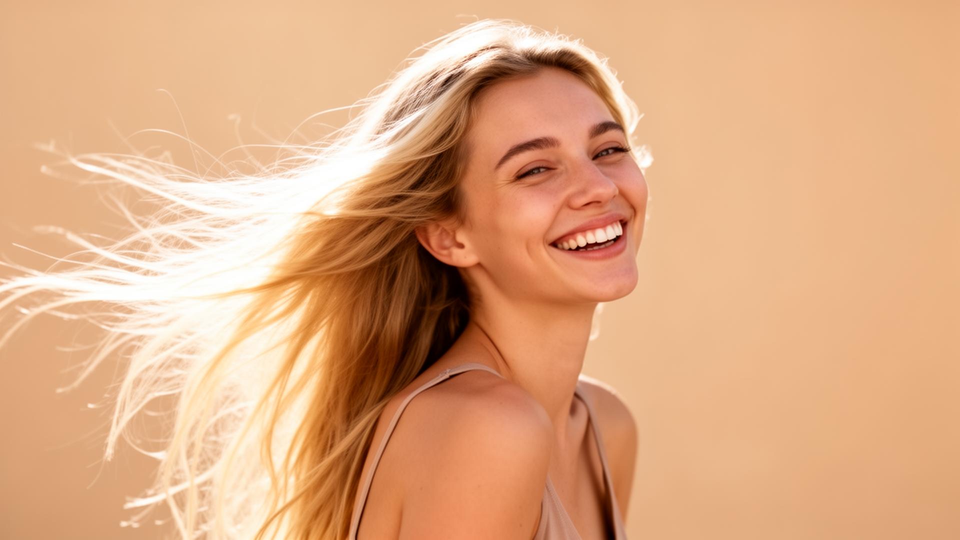 Smiling woman with flowing hair